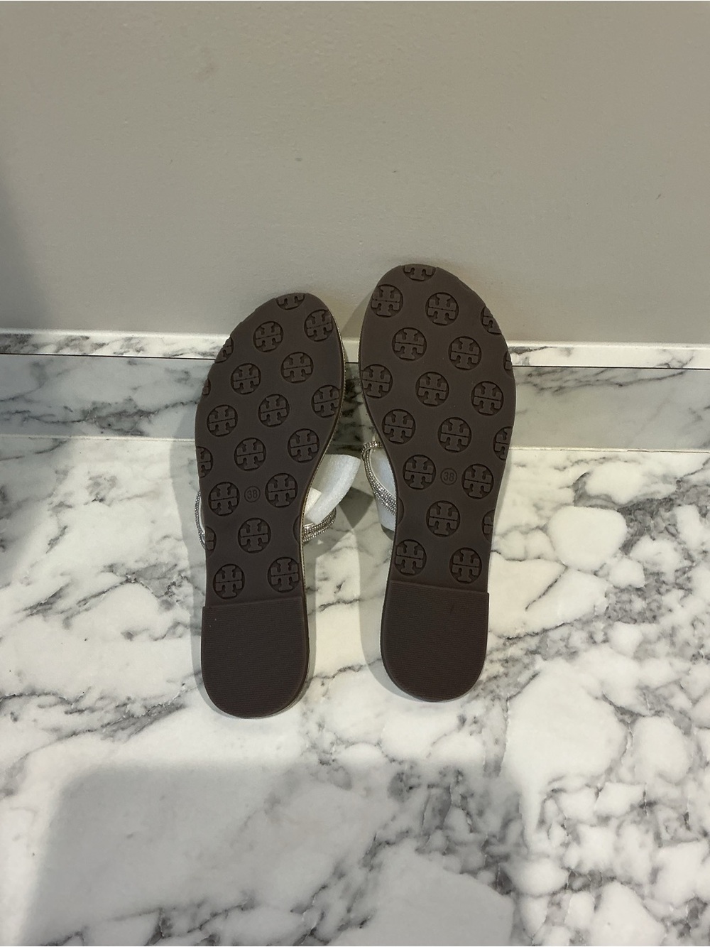 Tory Burch White and Silver Crystal Logo T‑Strap Sandals - Picture 4 of 4